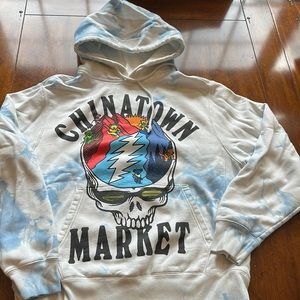 Men’s Chinatown Market Hoodie L with graphic on light blue & white tye-dye